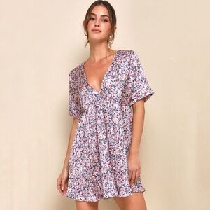 Lulus Express Yourself Blush Pink Floral Print Satin Babydoll Dress size medium